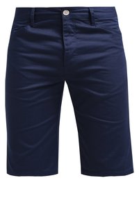 Shorts en coton bleu marine à coupe droite, avec deux poches latérales, un bouton unique à l'avant et une ceinture plate. Texture lisse, sans motifs.