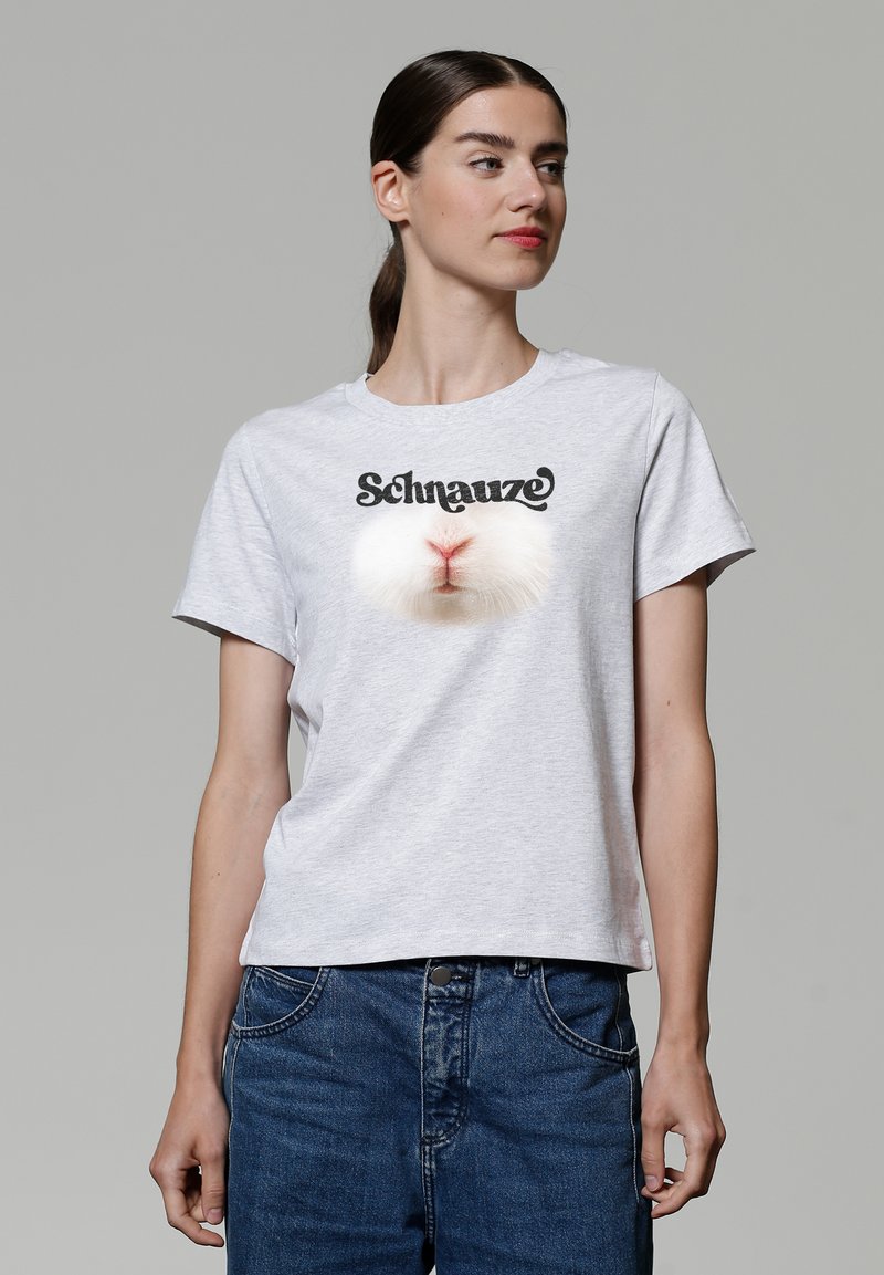 Grau Baumwoll-T-Shirt mit einem Grafikdesign eines weißen Tiergesichts und dem Text "Schnauze" darüber. Kurzärmlig und in lässiger Passform.