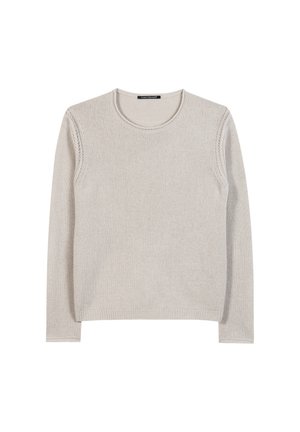 Light gray knitted sweater with a round neckline, long sleeves, and subtle texture throughout the fabric. No visible patterns or accents.