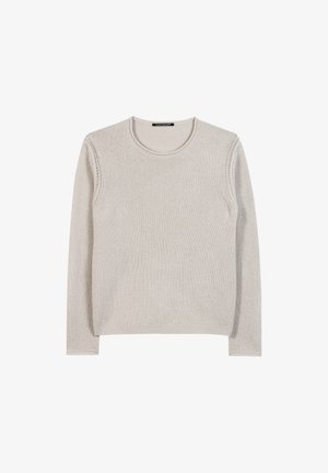 Hellgrauer, gestrickter Pullover mit Rundhalsausschnitt, langen Ärmeln und subtiler Textur im gesamten Material. Keine sichtbaren Muster oder Akzente.