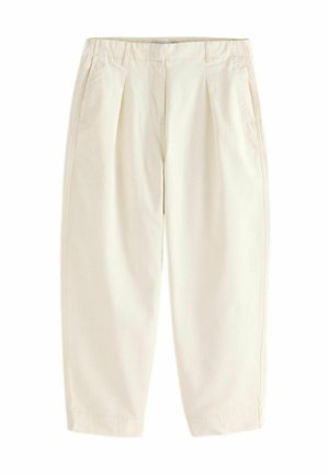 Beige pleated trousers made of lightweight fabric. Features side pockets and a relaxed silhouette, finishing at the ankle.