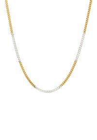 Halskette aus Gold- und Silberkette mit abwechselnden Gliedern. Goldabschnitte sind dicker, während Silberabschnitte feiner sind. Flache, polierte Oberfläche.