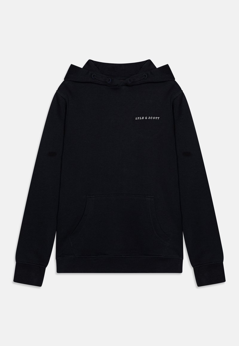 Sweatshirt à capuche noire en mélange de coton, avec une poche kangourou, des poignets côtelés et une marque subtile en blanc sur la poitrine.