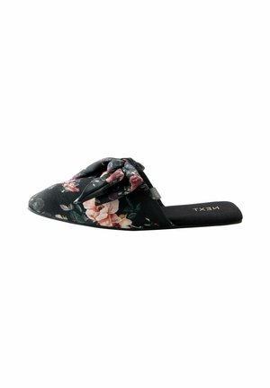 Florale Slipper mit schwarzem Hintergrund, featuring ein geknotetes Design auf dem Obermaterial, weichem Stoff und flacher Sohle.