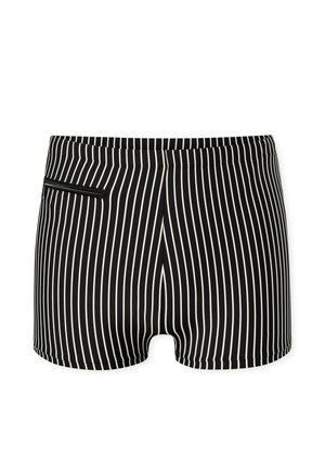 Schwarze Badeshorts mit weißen vertikalen Streifen und einer kleinen Reißverschlusstasche auf der linken Seite, dargestellt vor weißem Hintergrund.