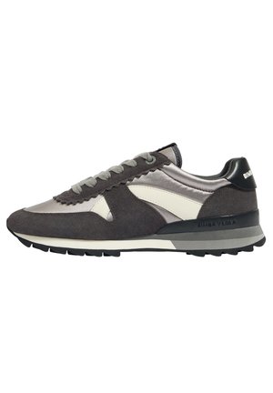 Gray and white suede and fabric sneaker with lace-up front and black sole, viewed from the side on a white background.