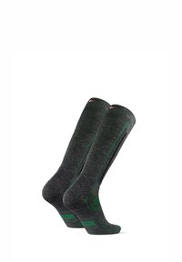 Calcetines hasta la rodilla en gris oscuro con acentos verdes, fabricados con un material de mezcla texturizada. Presentan un logo cerca de la parte superior y acolchado en la parte del pie.