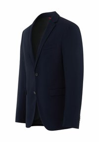 Marineblaues Sakko mit einreihigem Design, mit Reverskragen, zwei Knöpfen und einer Brusttasche. Glattes Material mit dezentem Glanz.