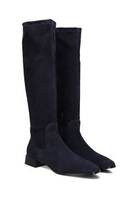 Marineblauwe kniehoge laarzen van zacht suede, met een slanke puntneus, een lage blokhak en een rits aan de binnenkant voor gemakkelijk aan- en uittrekken.