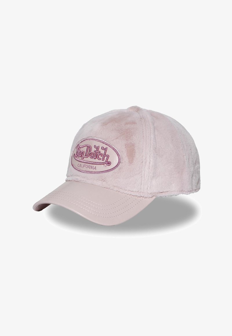 Casquette de baseball rose clair avec couronne en tissu doux et visière lisse et courbée, arborant le logo brodé "Von Dutch California" sur le devant.