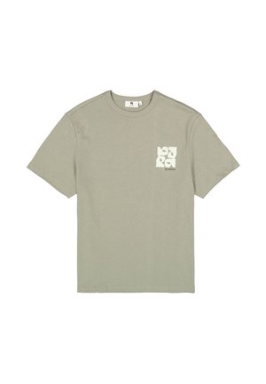 Lichtgroen katoenen T-shirt met een ronde hals, korte mouwen en een vierkante grafische print in het wit op de linkerborst. Glad textuur, casual pasvorm.