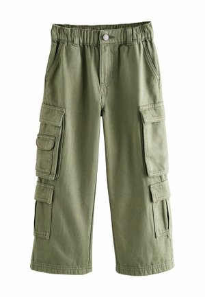 Pantalons cargo verts en tissu mélangé coton avec taille élastique, plusieurs poches latérales et une coupe droite.