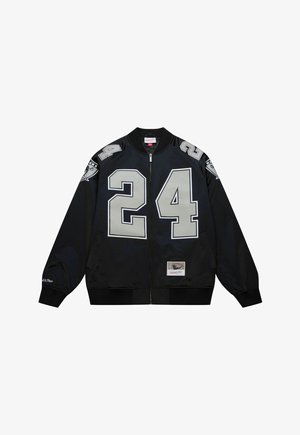 Black bomber jacket with large gray "24" on front and sleeves. Features a zip closure, ribbed cuffs, and a logo patch at the hem.