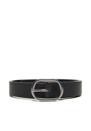 Black leather belt with a matte silver oval buckle, rolled neatly on a white background.
