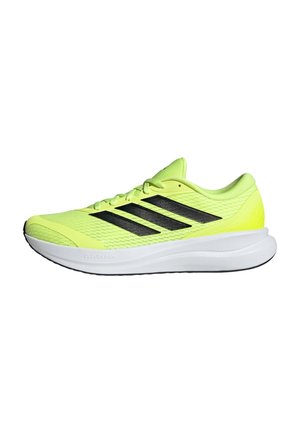 Scarpa da corsa giallo neon con strisce nere, suola bianca ammortizzata e tomaia leggera in mesh progettata per le prestazioni atletiche.
