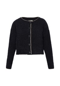 Zwarte ge cropped cardigan van een textuurstof, met ronde halslijn en een vijfknopen sluiting aan de voorkant. Heeft contrasterende stiksels langs de randen.