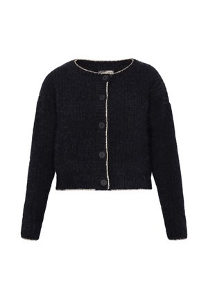 Černý zkrácený cardigan s texturovanou tkaninou, kulatým výstřihem a předním zapínáním na pět knoflíků. Vyznačuje se kontrastním prošíváním kolem okrajů.