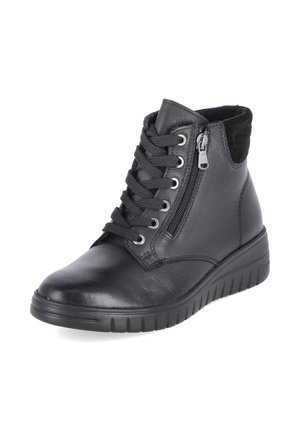 Bottine en cuir noir avec lacets, fermeture éclair latérale et semelle rembourrée, conçue pour un usage décontracté ou en extérieur.