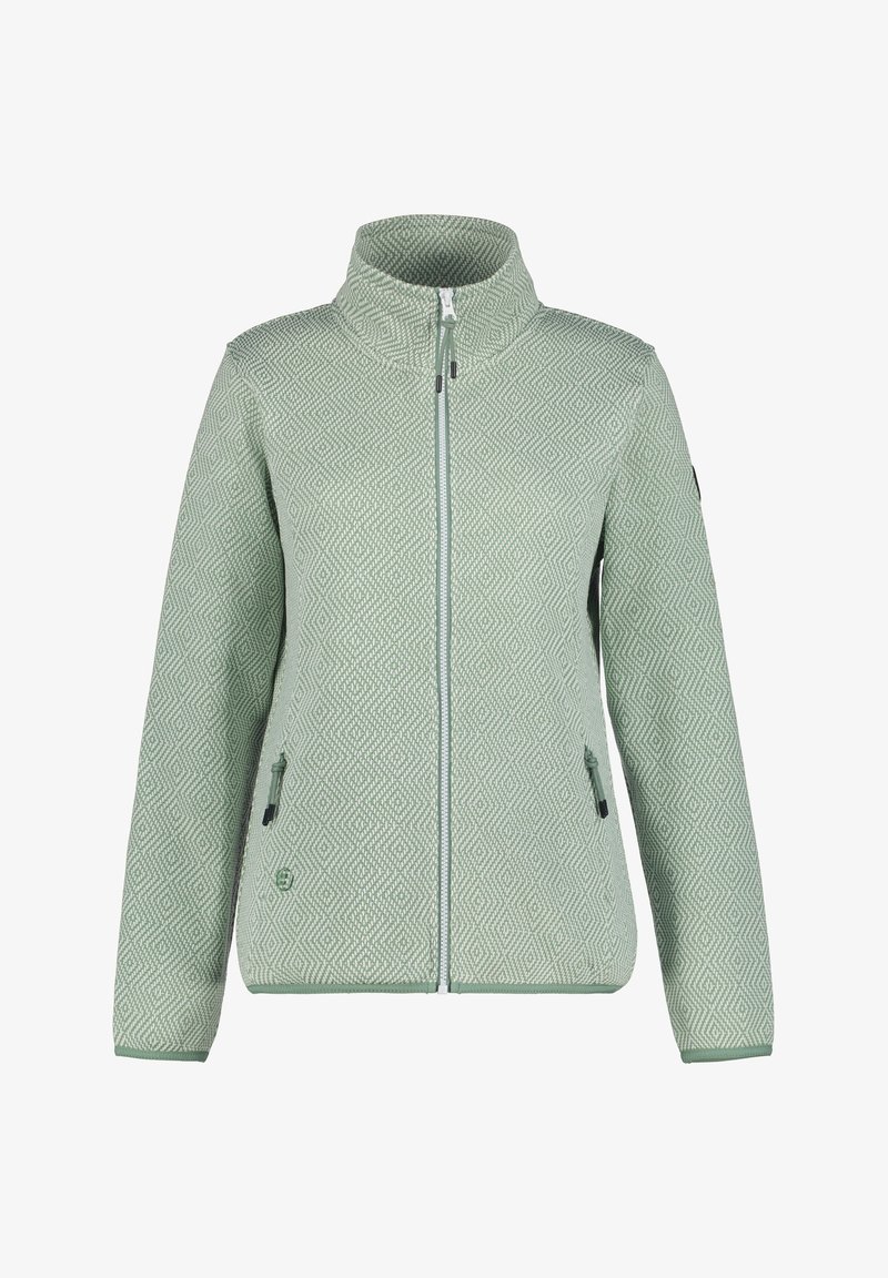 Light green fleece jacket with a high collar, zip front, and textured geometric pattern. Features two zippered side pockets.