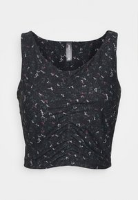 Top crop preto sem mangas com decote em v, apresentando um padrão texturizado de pequenas manchas multicoloridas e detalhes franzidos na parte da frente.