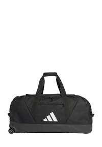 Sac de sport noir avec double poignées, fermeture éclair en haut, tissu texturé et base grise, arborant un logo Adidas blanc sur le devant.