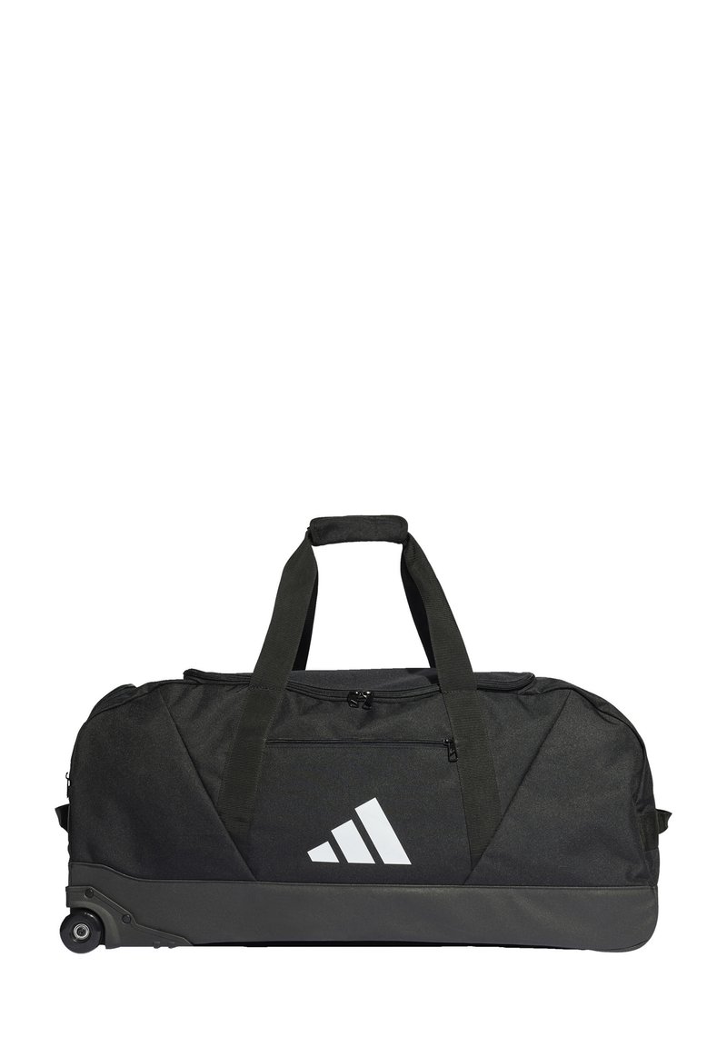 Sac de sport noir avec double poignées, fermeture éclair en haut, tissu texturé et base grise, arborant un logo Adidas blanc sur le devant.