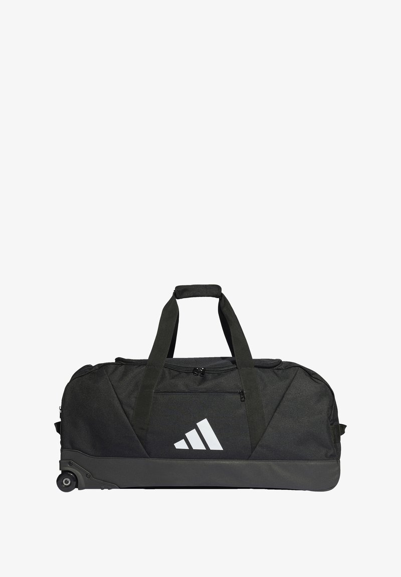 Sac de sport noir avec double poignées, fermeture éclair en haut, tissu texturé et base grise, arborant un logo Adidas blanc sur le devant.