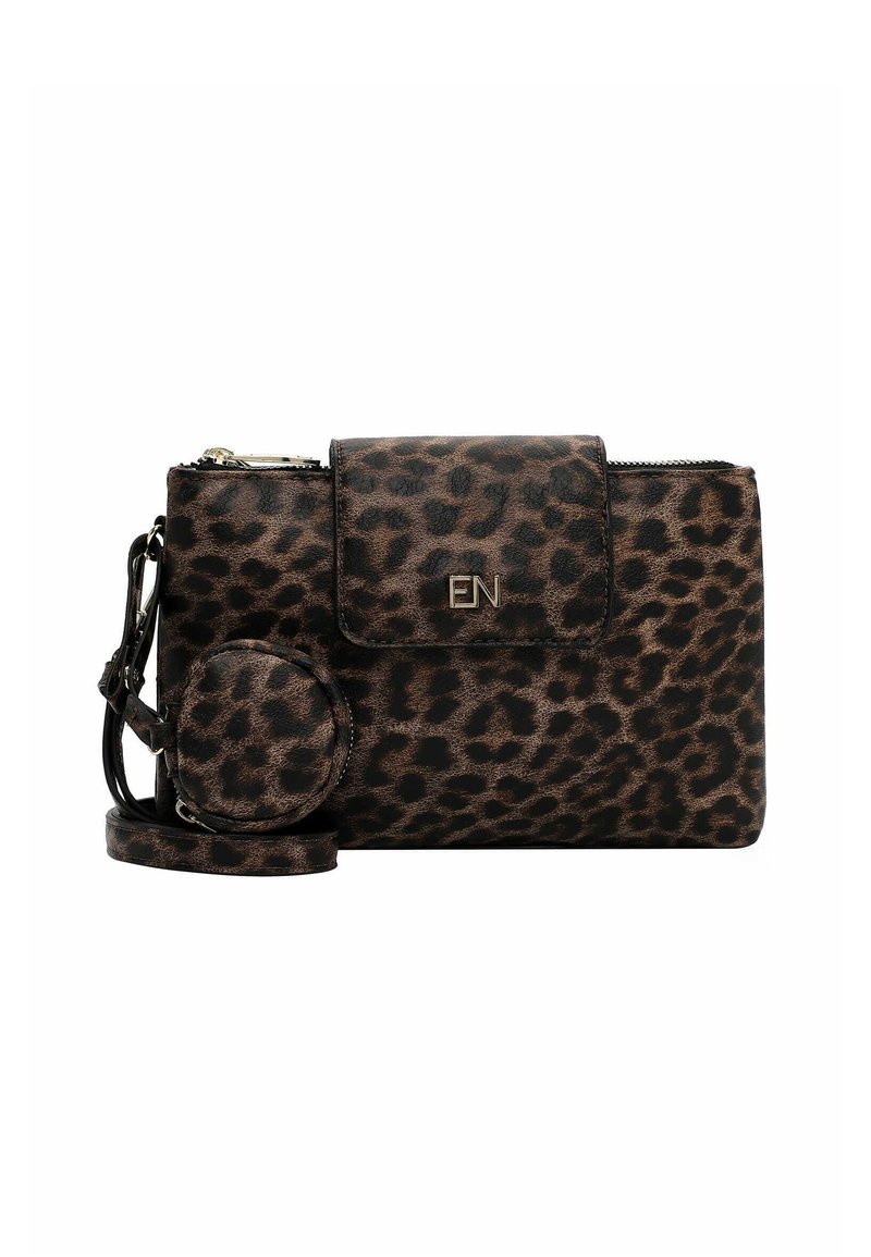 Borsa a tracolla con stampa leopardo in ecopelle marrone e nera, dotata di chiusura a patta, tasca con zip e pochette portamonete rotonda removibile.