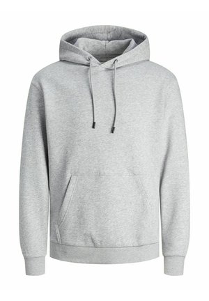 Gray hooded sweatshirt made of soft fabric, featuring a front pocket, drawstrings, and ribbed cuffs and hem for a snug fit.