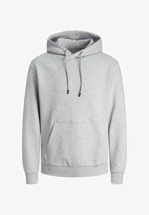 Hanorac gri cu glugă, realizat dintr-un material moale, având un buzunar frontal, șnururi și manșete și tiv din tricot pentru o potrivire strânsă.