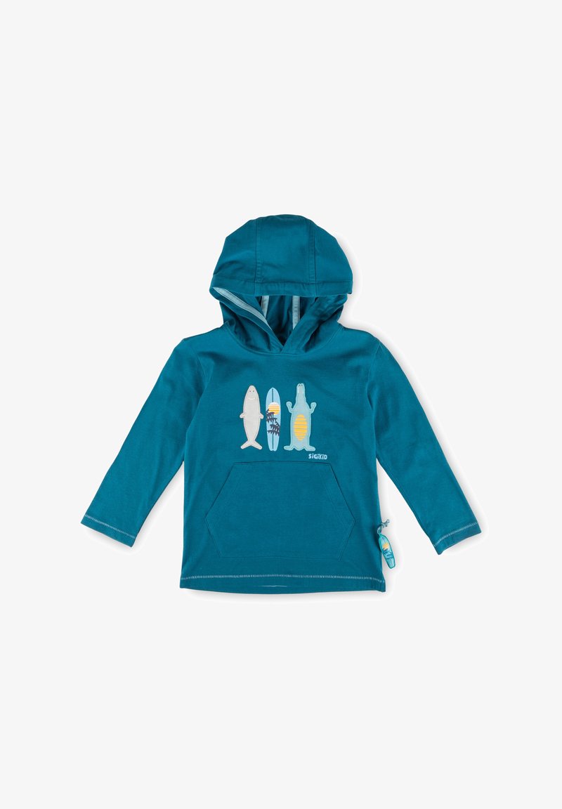 Sweat à capuche à manches longues couleur bleu sarcelle avec une poche avant ornée de motifs de requin, planche de surf et crocodile, et un petit porte-clés planche de surf sur le côté.