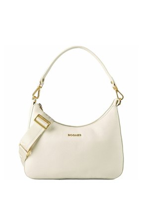 Weiße Leder-Umhängetasche mit goldfarbenen Beschlägen, abnehmbarem Schulterriemen, Reißverschluss und "BOGNER"-Logo auf der Vorderseite.