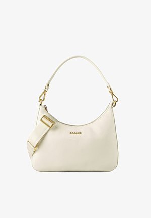Sac à épaule en cuir blanc avec ferrures dorées, bandoulière amovible, fermeture éclair et logo "BOGNER" sur le devant.