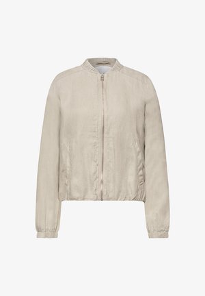 Jasnobeżowa kurtka bomber zapinana na zamek błyskawiczny, z elastycznymi mankietami, kołnierzem i dołem, z dwoma bocznymi kieszeniami i teksturowaną tkaniną.