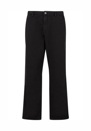 Pantaloni negri cu croială dreaptă, închidere cu nasturi în față, bețe pentru curea și buzunare laterale, afișați pe fundal alb.