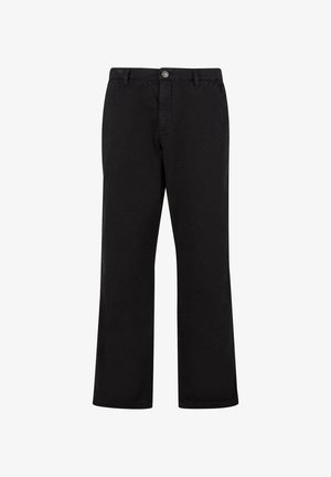 Pantaloni negri cu croială dreaptă, închidere cu nasturi în față, bețe pentru curea și buzunare laterale, afișați pe fundal alb.