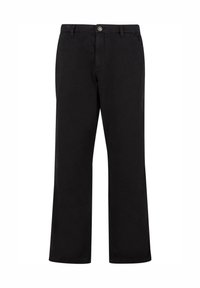 Black straight-leg trousers with front button closure, belt loops, and side pockets shown on a white background.