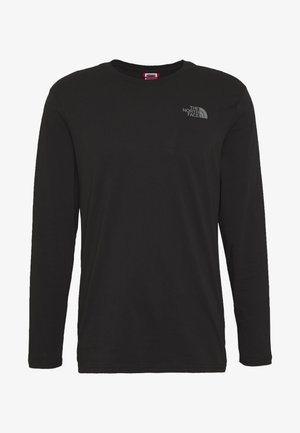 Czarna koszulka z długim rękawem i okrągłym dekoltem, z małym szarym logo The North Face na górnej lewej części klatki piersiowej, o prostym designie, z miękkiego materiału.