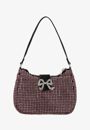 Zwart-roze handtas met een ruitpatroon, versierd met glanzende steentjes, voorzien van een zwart leren accent en een decoratieve strik.