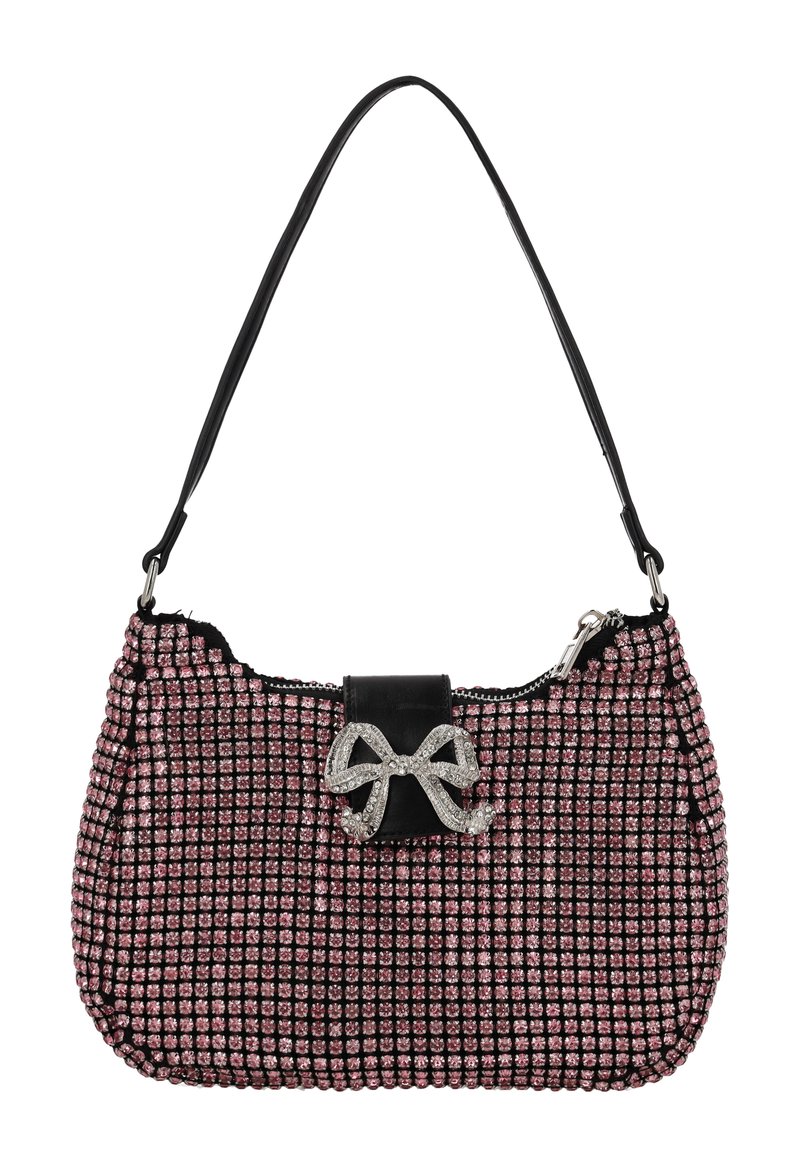 Borsa nera e rosa con motivo a griglia, decorata con brillantini scintillanti, caratterizzata da un elemento in pelle nera e un fiocco decorativo.