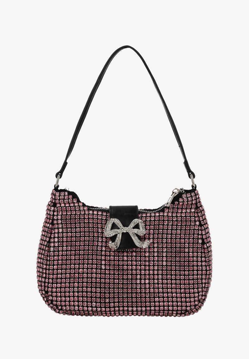 Borsa nera e rosa con motivo a griglia, decorata con brillantini scintillanti, caratterizzata da un elemento in pelle nera e un fiocco decorativo.