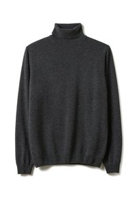 Maglione dolcevita grigio in tessuto morbido, con maniche lunghe, polsini a coste e collo aderente. Design semplice e senza cuciture.