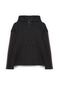 Sudadera negra con capucha de corte amplio, con cordones en el cuello y franjas laterales en un color más claro. Textura suave y mangas largas.