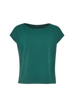 Zielona, teksturowana bluzka z krótkim rękawem i dekoltem w łódkę, wykonana z lekkiego materiału, pokazana na białym tle.