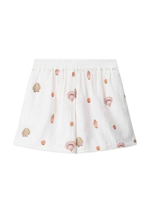 White shorts made of lightweight fabric, featuring colorful embroidered shell patterns in pink and gold. Elastic waistband for comfort.