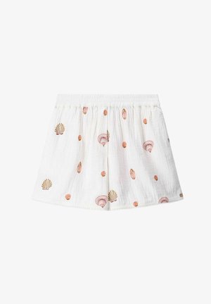 Witte shorts van lichtgewicht stof, voorzien van kleurrijke geborduurde schelp-patronen in roze en goud. Elastische tailleband voor comfort.