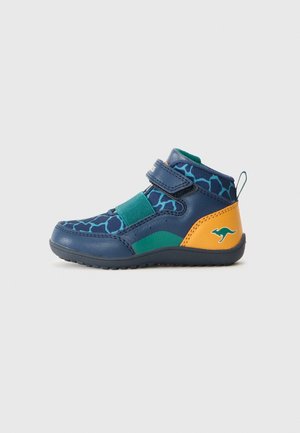 Blue children's shoes with a patterned upper, green accents, and a yellow heel. Features two adjustable Velcro straps for easy wear.