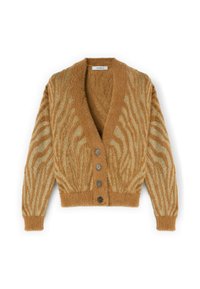 Ruskea neuletakki, jossa on seepra-kuosi, valmistettu pehmeästä teksturoituneesta kankaasta. Ominaisuuksiin kuuluu syvä V-kaula-aukko ja viisi suurta nappia edessä.