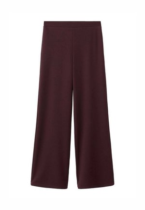 Pantaloni largi burgundy realizați dintr-un material moale, ușor, cu o textură netedă; prezintă o talie înaltă și fără elemente de prindere vizibile.