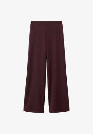 Pantaloni ampi color bordeaux realizzati in tessuto morbido e leggero con una trama liscia; dotati di vita alta e senza chiusure visibili.